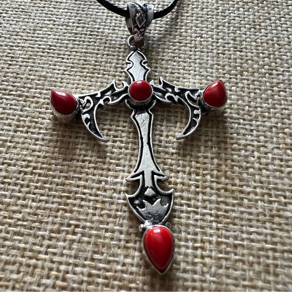 New Gothic Style Silver Overlay and Coral Cross Pendant Necklace - Picture 7 of 7